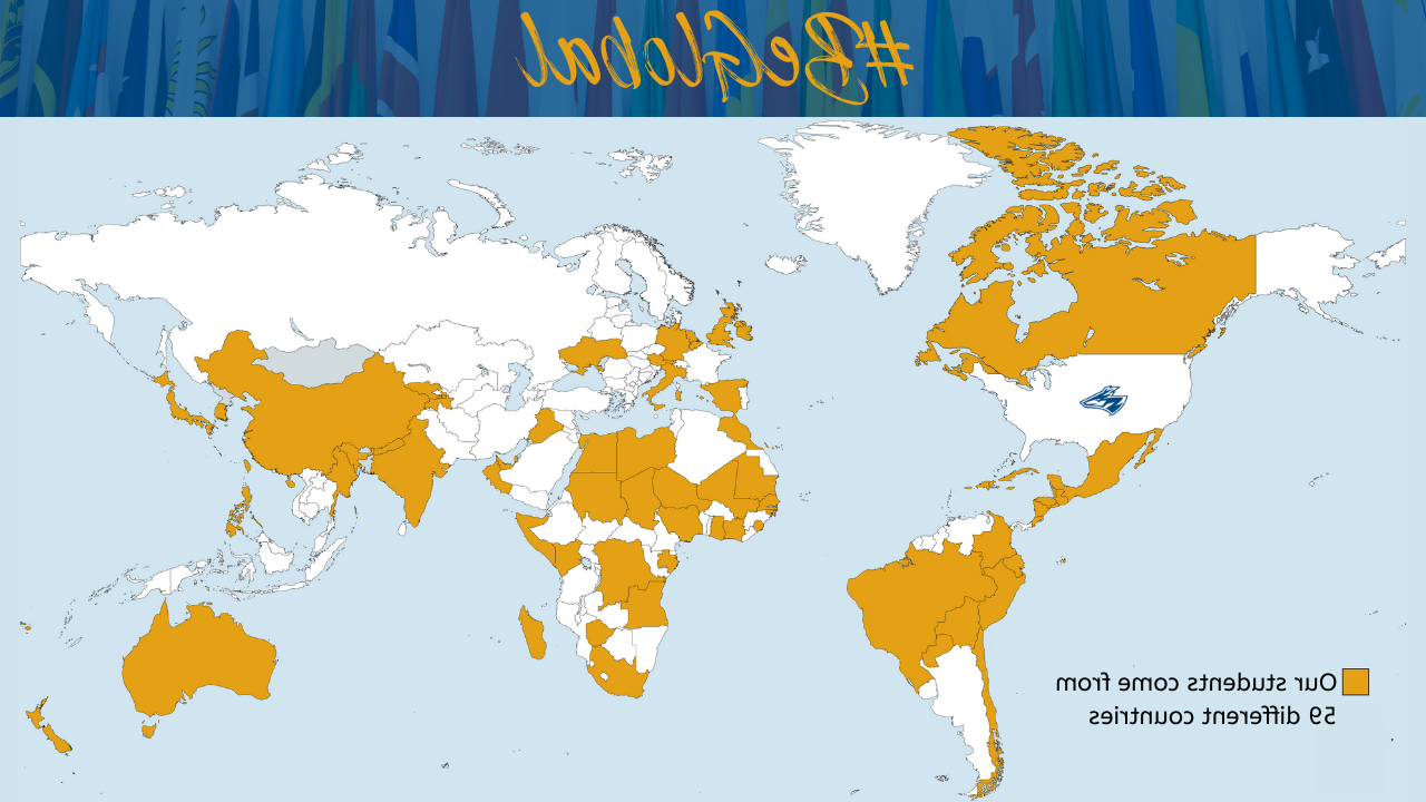 世界地图显示所有59个国家的体育菠菜大平台学生来自.  其中包括显示体育菠菜大平台学生来自所有59个国家的世界地图.  其中包括西班牙, 萨尔瓦多, Canada, Oman, Guatemala, Korea, Cuba, China, Nepal, Mexico, and Japan